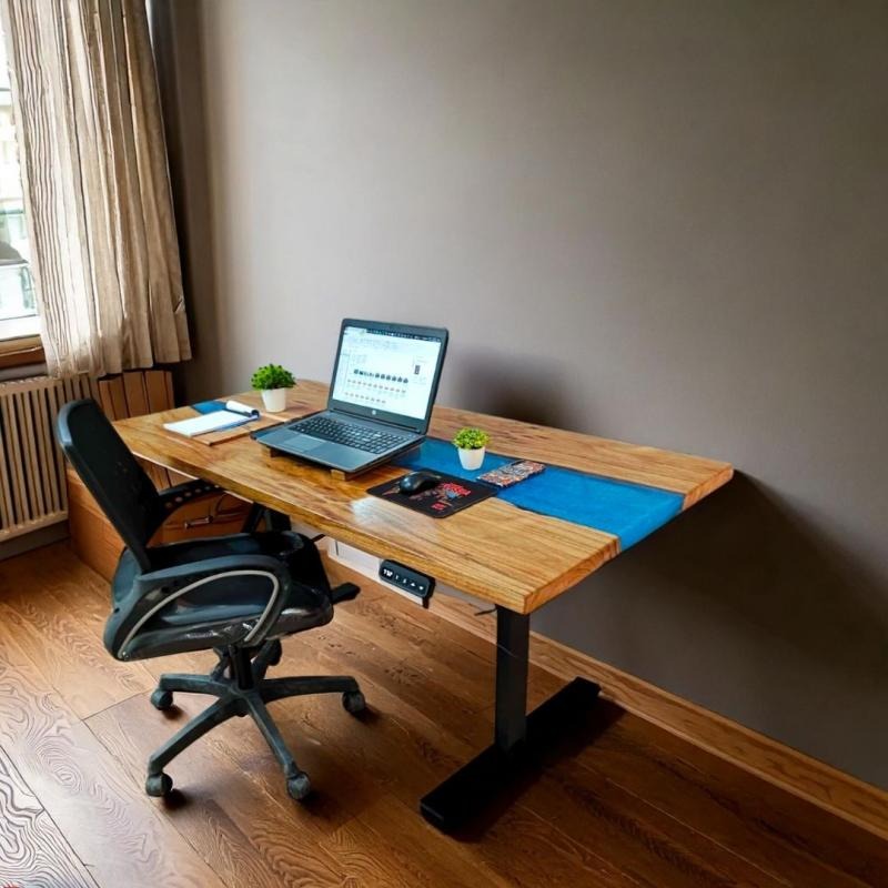 Suprema pearl blue epoxy resin height adjustable desk with black legs