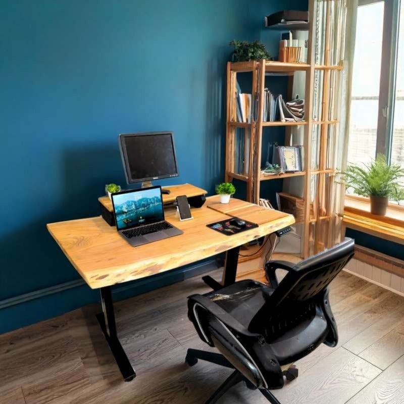 Quantum live edge height adjustable desk with black legs