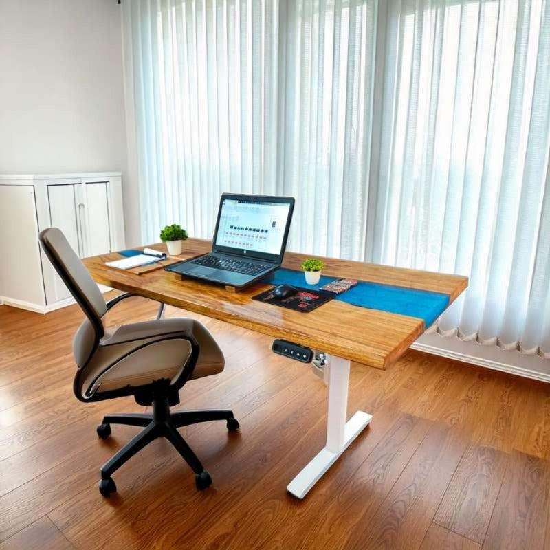 Suprema pearl blue height adjustable desk with white legs