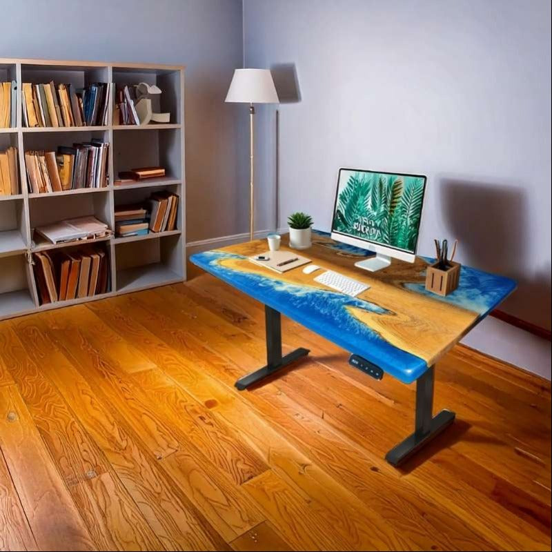ImperiumX blue beach island standing desk with black legs - epoxy resin