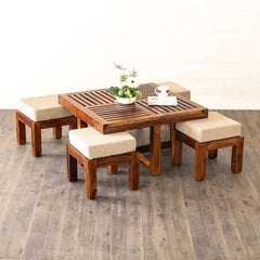 HeritageAura Sheesham Wood Coffee Table Set with Stools – Space-Saving Design for Living Room by Woodensure