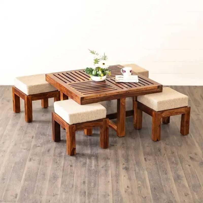 HeritageAura Sheesham Wood Coffee Table Set with Stools – Space-Saving Design for Living Room by Woodensure
