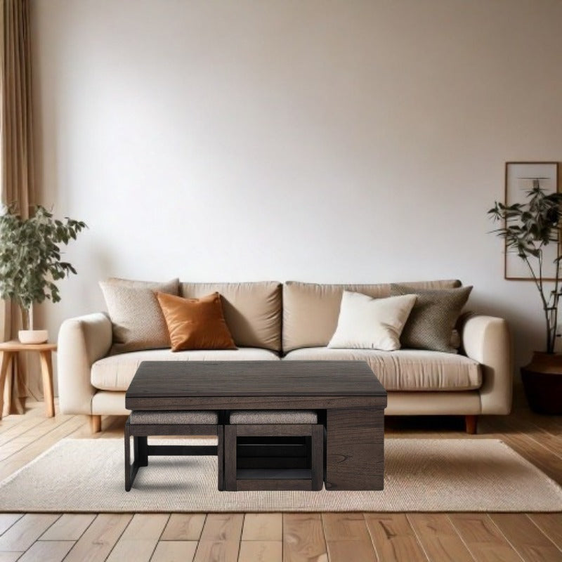 Nesting Expandable Sheesham Wood Coffee Table Set – 4-Stool Combo, Space-Saving Marvel for Modern Homes