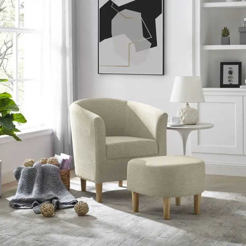 LuxeHaven Armchair with pouff stool set | Beige Fabric with Ottoman | Cozy Reading Chair | Living Room