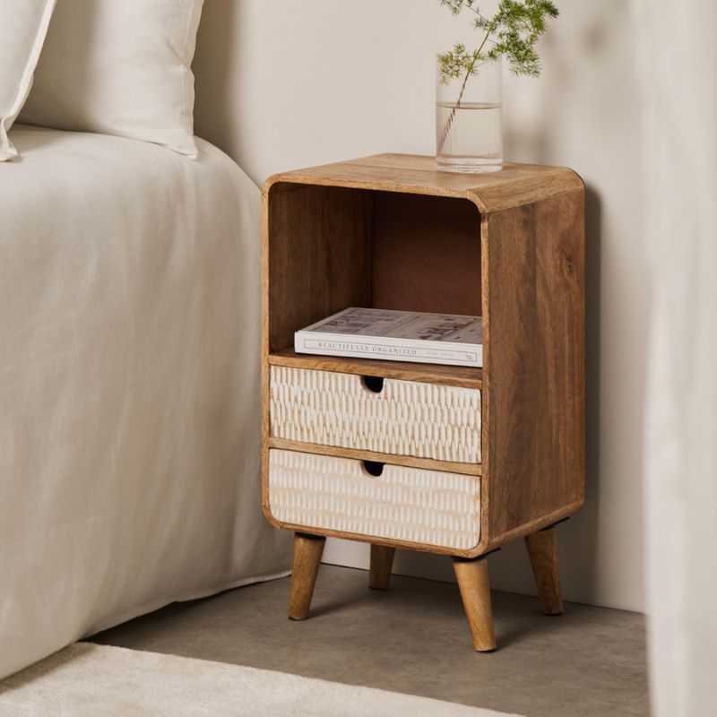 Riva Side Table | Wood Finish Nightstand with Woven Drawers | 2-Drawer Design | Bedroom or living room table