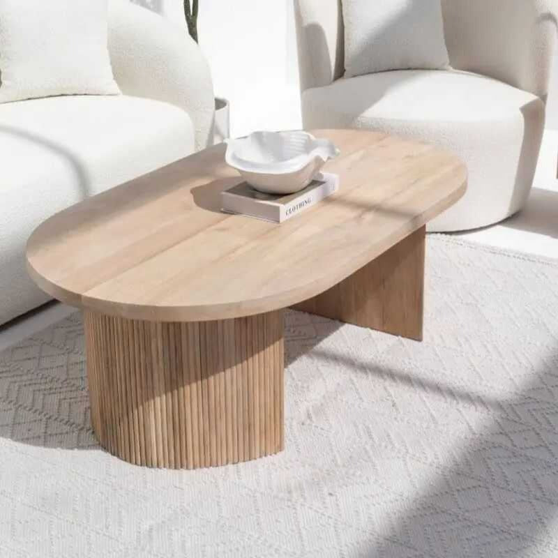 Modern Oval Coffee or Centre Table | Textured Slat Legs Sleek Oval Shape | Acacia Wood | 18x4x2 in | Light Acacia | Living Room