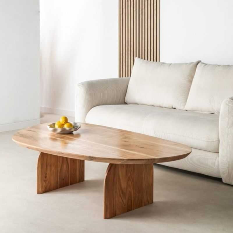 Minimalist Wood Coffee Table | Oval Modern Center Table | Natural Wood Finish | Designer Living Room Furniture | Compact & Sleek | 48 x 24 x 18 Inches