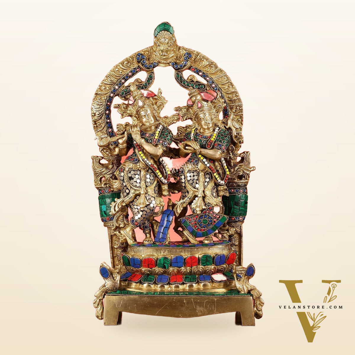 17.5-Inch Brass Radha Krishna Idol Pair with Peacock Adorned Base
