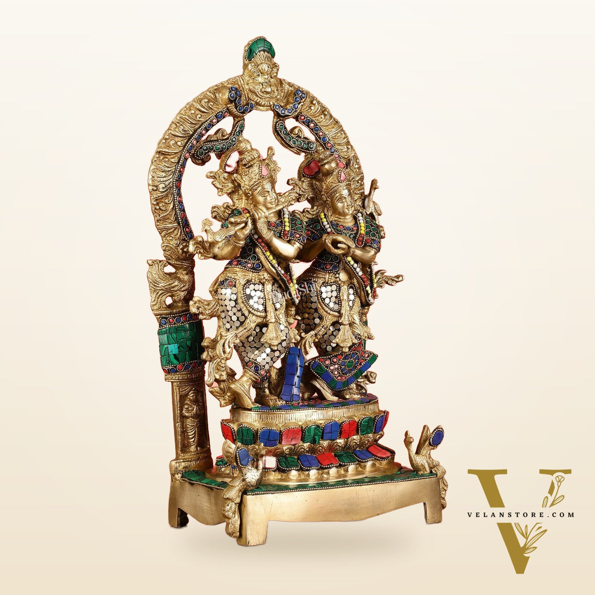 17.5-Inch Brass Radha Krishna Idol Pair with Peacock Adorned Base