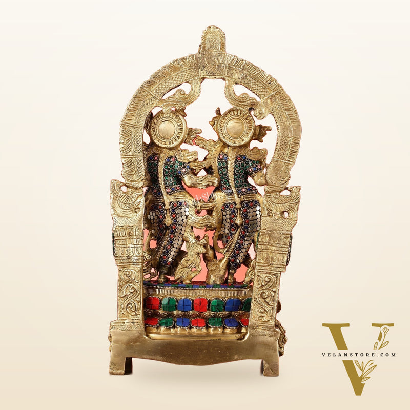 17.5-Inch Brass Radha Krishna Idol Pair with Peacock Adorned Base