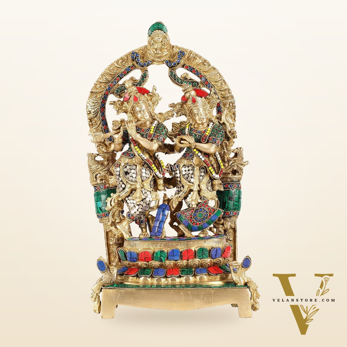 17.5-Inch Brass Radha Krishna Idol Pair with Peacock Adorned Base