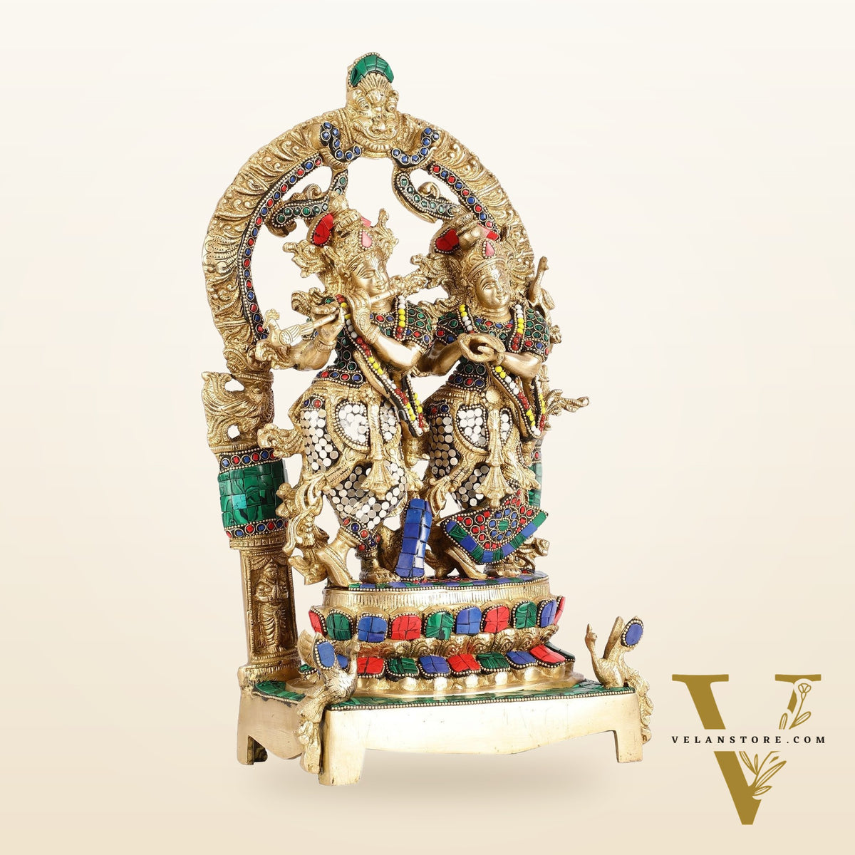 17.5-Inch Brass Radha Krishna Idol Pair with Peacock Adorned Base