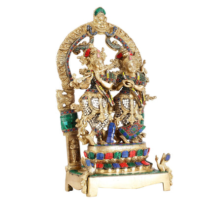 17.5-Inch Brass Radha Krishna Idol Pair with Peacock Adorned Base