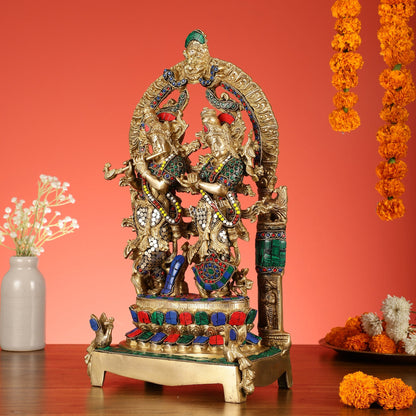 17.5-Inch Brass Radha Krishna Idol Pair with Peacock Adorned Base