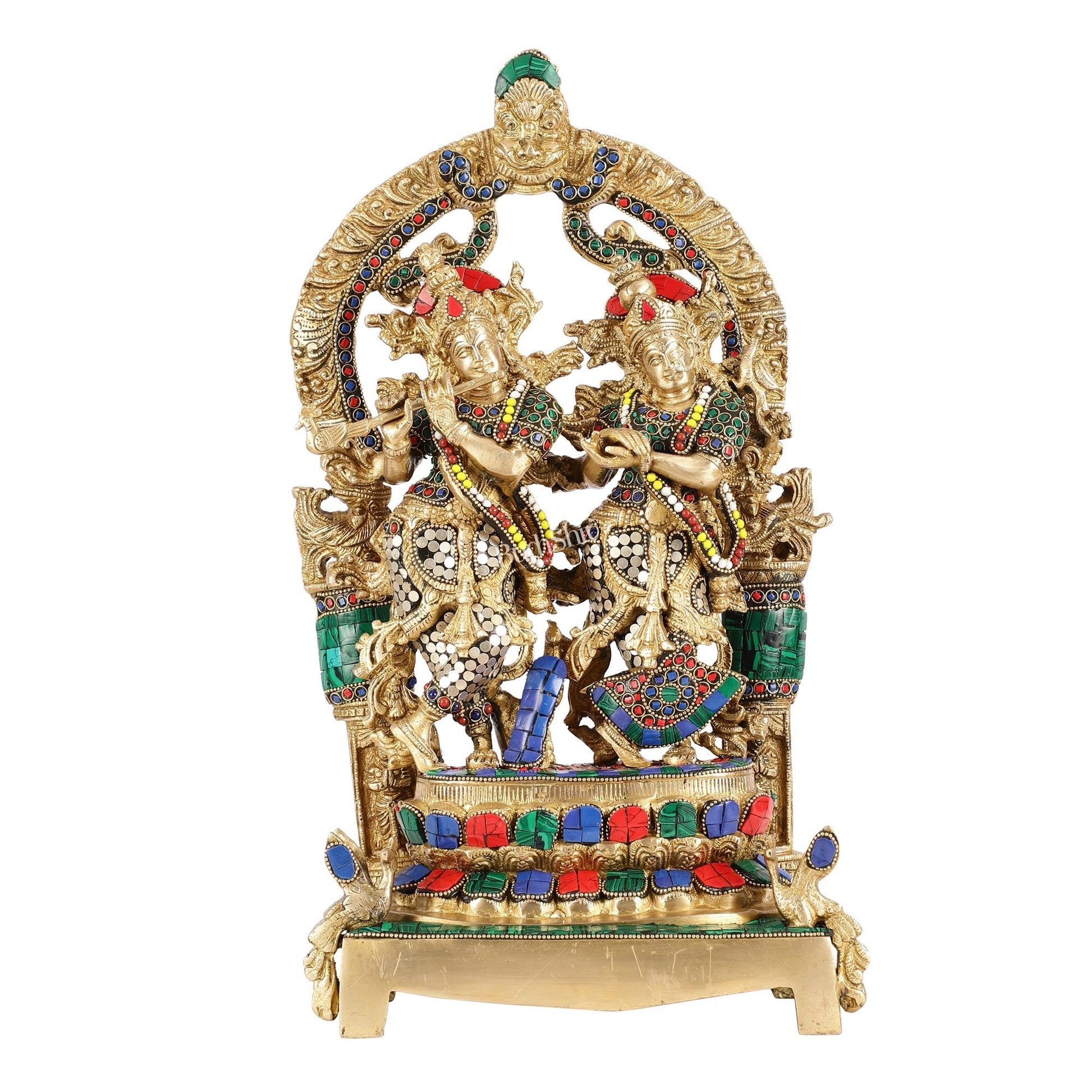 17.5-Inch Brass Radha Krishna Idol Pair with Peacock Adorned Base