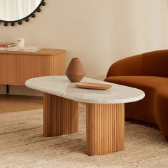 Oval Marble coffee table with Vertical Slatted Wooden Base – White Marble & Acacia Finish – 36x24 in – Modern Living Room Elegance