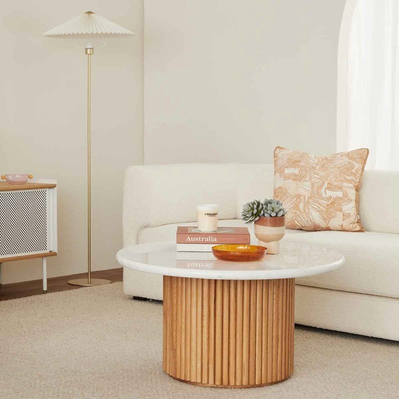 Round White Marble Coffee Table with Fluted Oak Wood Base – Modern Living Room Accent Furniture