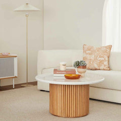 Round White Marble Coffee Table with Fluted Oak Wood Base – Modern Living Room Accent Furniture