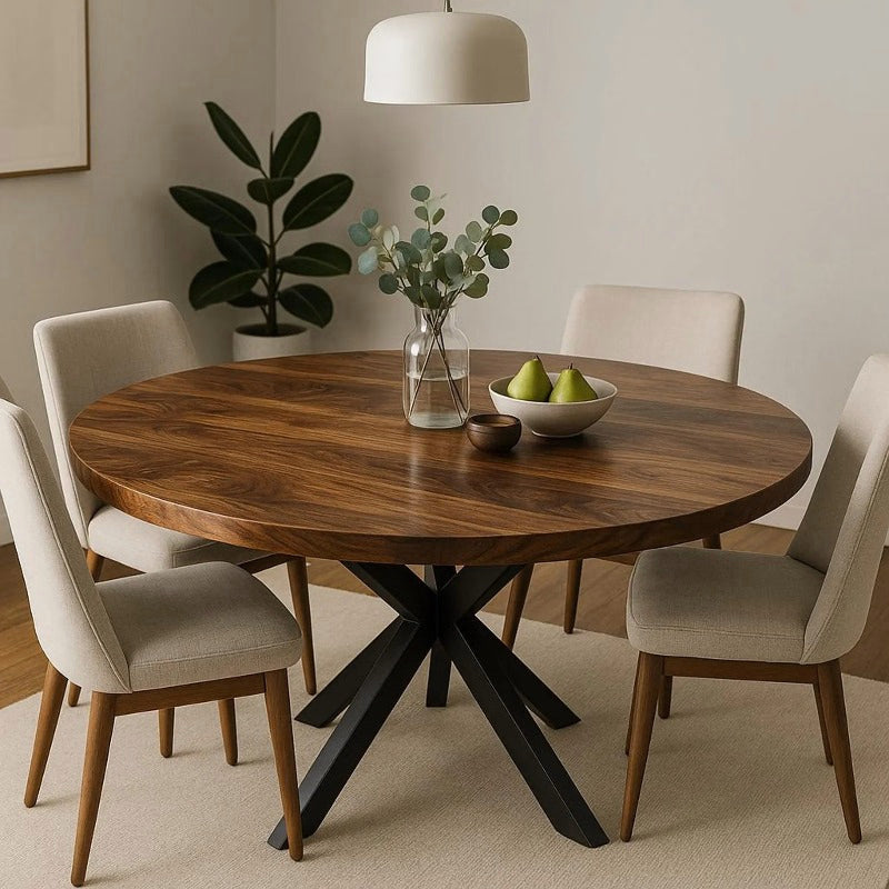 Modern Acacia Solid Wood Round Dining Table with Metal Legs (4-Seater)