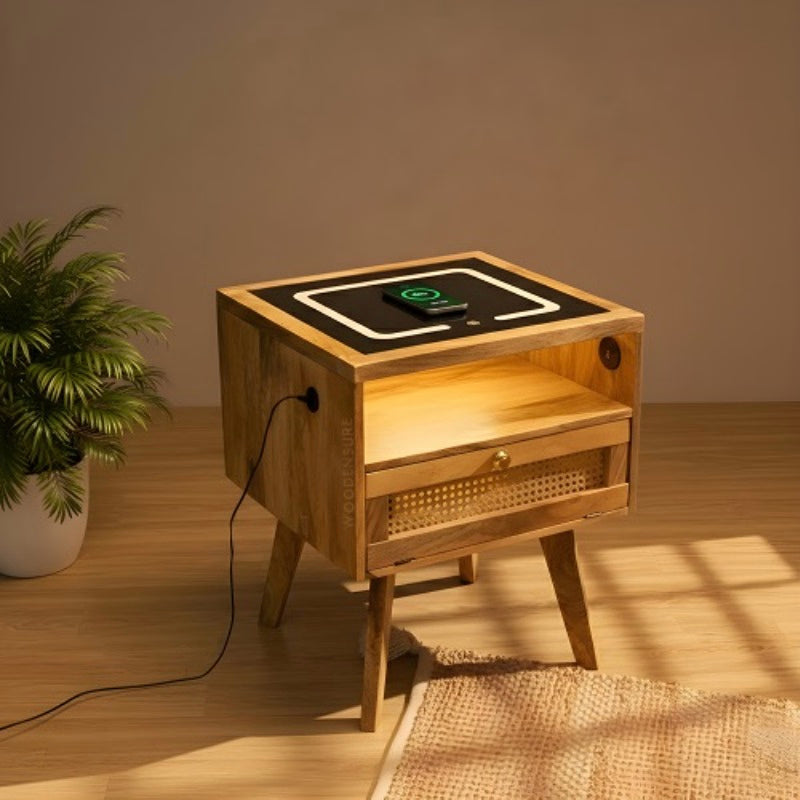 Smart Solid Wood Bedside Table with Wireless Charging Station, LED Light, Rattan Drawer & USB Ports for Bedroom & Living Room