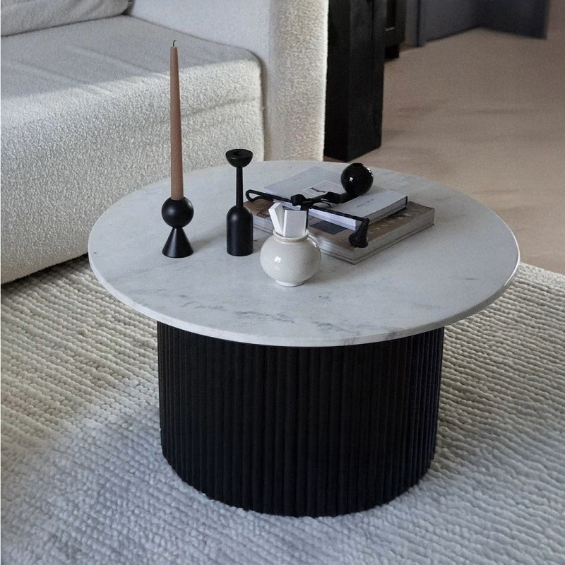 Vogue Round Marble Coffee Table with Fluted Black Wood Base – Modern Luxury Living Room Furniture
