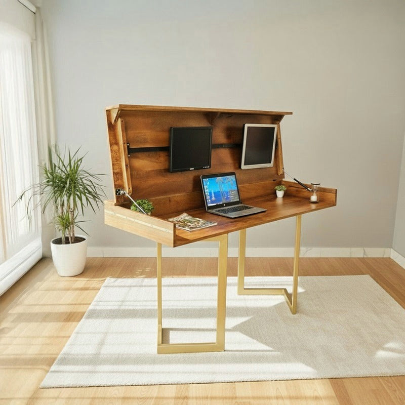 Solid Acacia Wood Transformer Table – Extendable, Standing & Gaming Desk to Dining Table with Hydraulic Lift and Storage