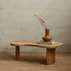 Japandi Freeflow wooden Coffee Table – Handcrafted Organic Kidney Shape Freeform – Solid Natural Wood Finish – 34x36 in