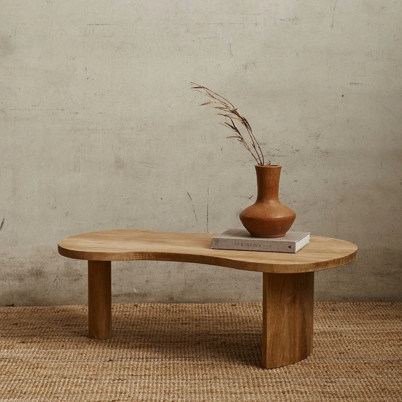 Japandi Freeflow wooden Coffee Table – Handcrafted Organic Kidney Shape Freeform – Solid Natural Wood Finish – 34x36 in