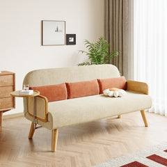 Mid-Century Beige Modern Rattan Daybed Full Folding Sofa Cum Bed, 3-Seater Convertible Sleeper Lounge Chair with Wooden Side Tray