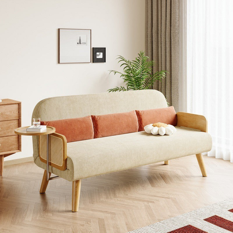 Mid-Century Beige Modern Rattan Daybed Full Folding Sofa Cum Bed, 3-Seater Convertible Sleeper Lounge Chair with Wooden Side Tray