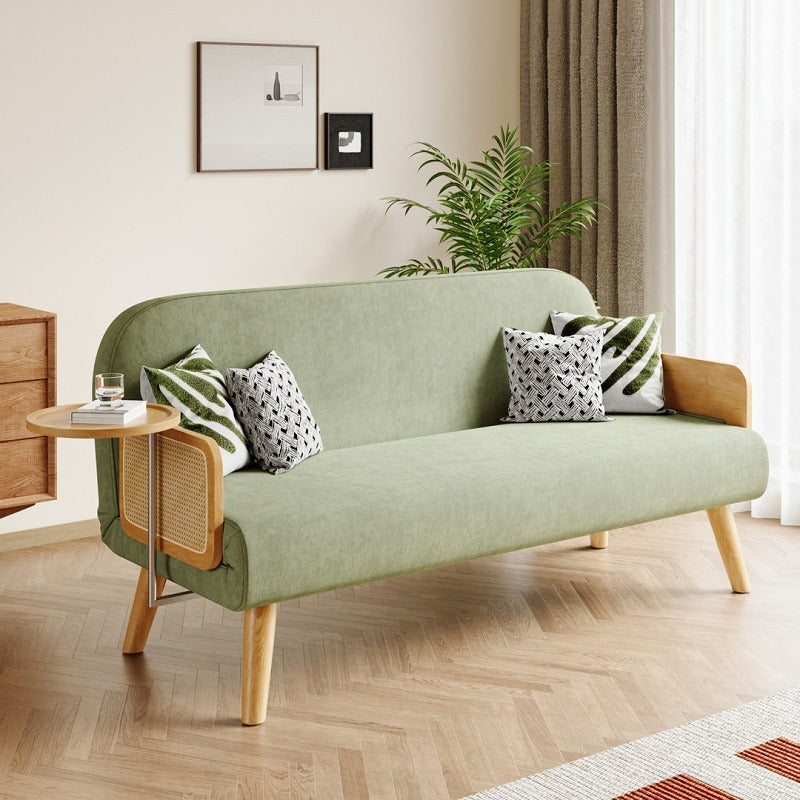 Mid-Century Green Modern Rattan Daybed Full Sofa Cum Bed, 3-Seater Folding & Adjustable Sleeper Longue Chair with Side Tray