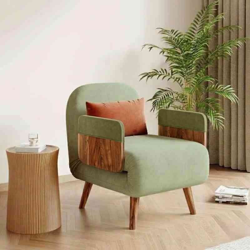 Mid-Century Green Convertible 3-in-1 Single Seater Sofa Cum Bed with Solid Wood Arm Base