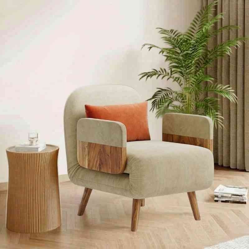 Mid-Century Beige 3-in-1 Convertible Single Seater Sofa Cum Bed with Solid Wood Arm Base