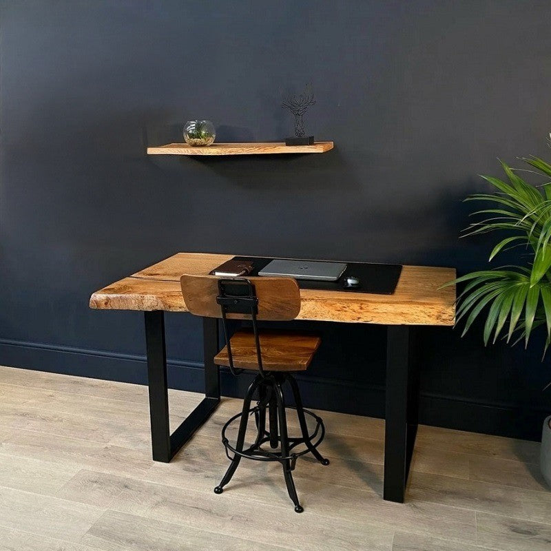 Live Edge Executive Desk with Floating Wall Shelf – Solid Wood Office Table (Natural Finish)