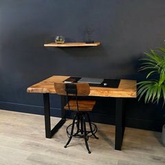 Live Edge Executive Desk with Floating Wall Shelf – Solid Wood Office Table (Natural Finish)