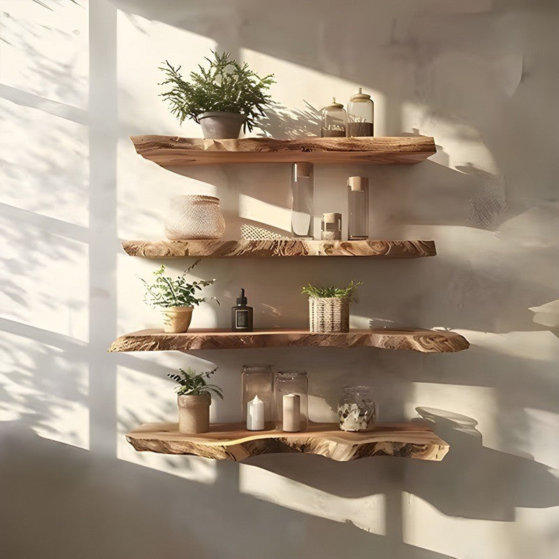 Modern Rustic Live Edge Floating Shelves (Set of 4) – Solid Acacia Wood Wall Shelves