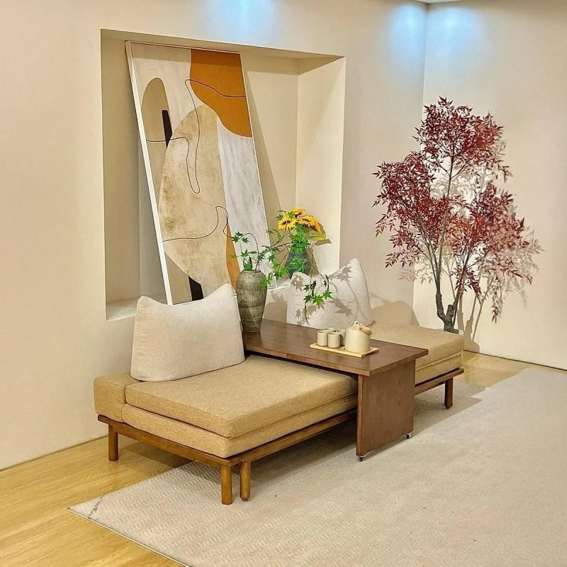 Scandinavian Acacia Wood Pull-Out Sofa Bed with Sliding Coffee Table – Beige Polyester
