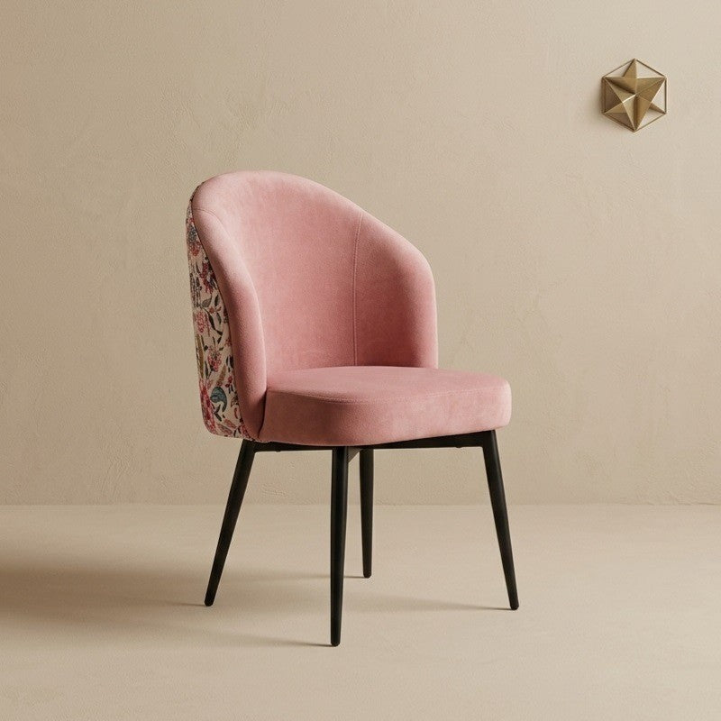 Blush Pink Velvet Accent Chair with Floral Printed Backrest & Removable Black Wooden Legs – Dining Chair
