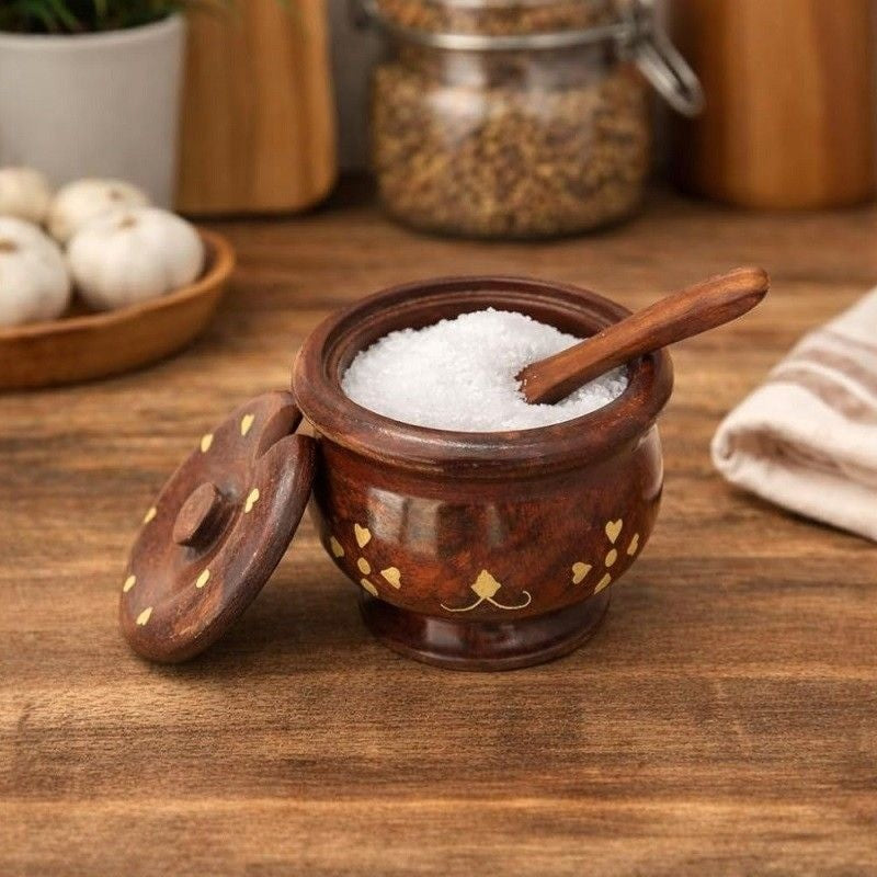 Acacia Wood Salt Box with Lid & Spoon – Multipurpose Wooden Kitchen Storage Container