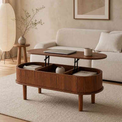 Space-Saving Oval Lift-Top Coffee Table with 3 Hidden Compartments – Acacia Wood