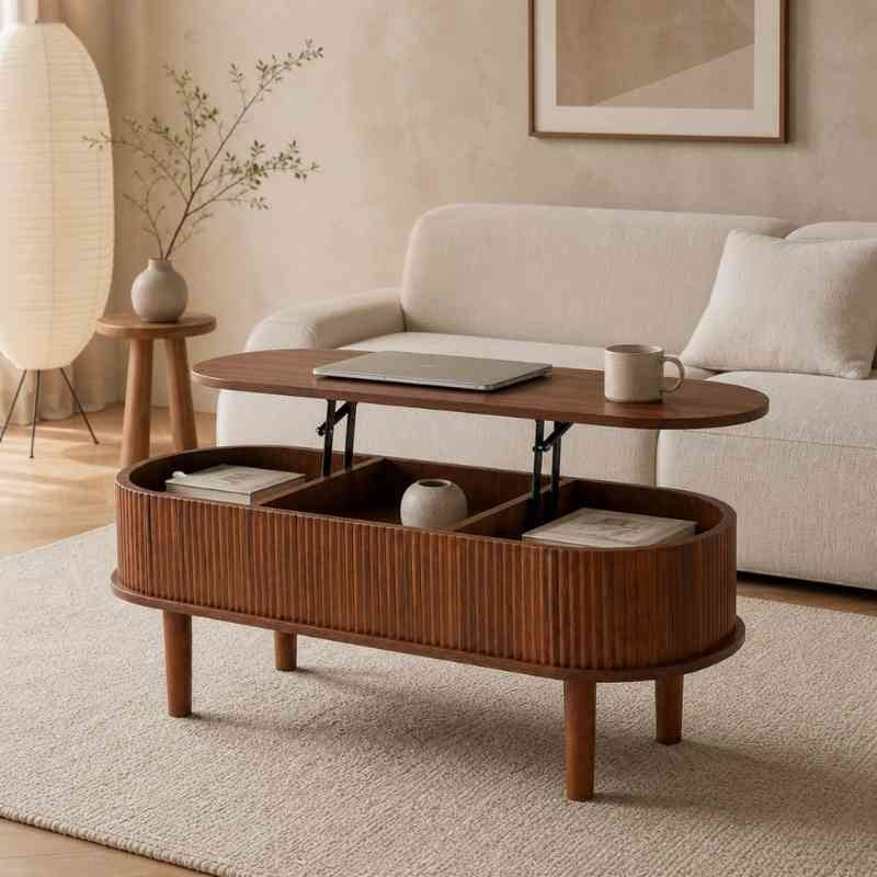 Space-Saving Oval Lift-Top Coffee Table with 3 Hidden Compartments – Acacia Wood