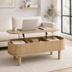 Space-Saving Oval Lift-Top Coffee Table with 3 Hidden Storage Compartments – Solid Mango Wood