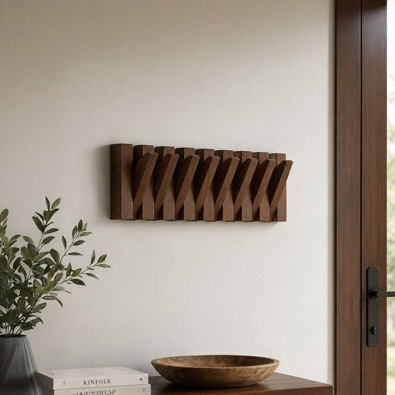 Acacia Wood Foldable Wall Hook Rack – Flip-Down Coat, Suit & Key Hanger (Space-Saving)