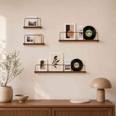 Acacia Wood Picture Ledge Wall Shelves with Steel Bar – Photo, Polaroid & Postcard Display (Set of 4, Brown)