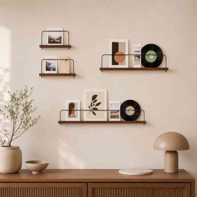 Acacia Wood Picture Ledge Wall Shelves with Steel Bar – Photo, Polaroid & Postcard Display (Set of 4, Brown)