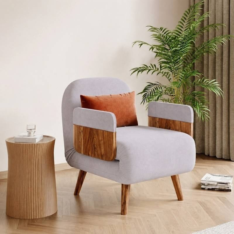 Mid-Century Grey 3-in-1 Convertible Single Seater Sofa Come Bed with Solid Wood Arm Base