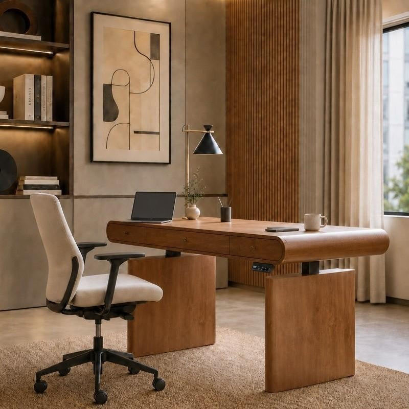 Mid-Century Modern Electric Standing Desk with Height Adjustment, Charging Port & Drawers