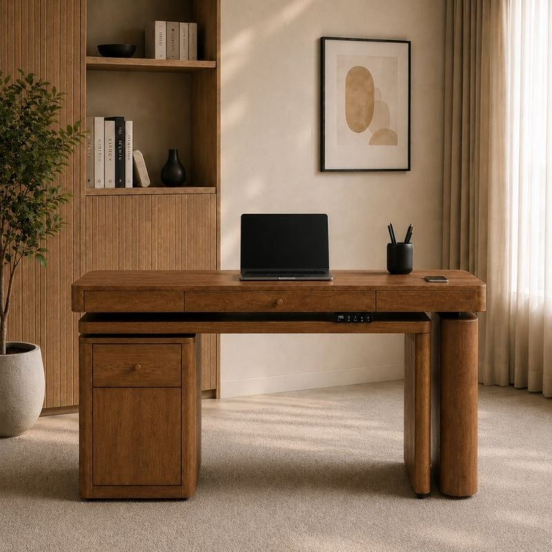 FlowFlex 360-Degree Rotating Electric Adjustable Standing Desk, Modern L shaped Executive Desk with Storage Cabinets
