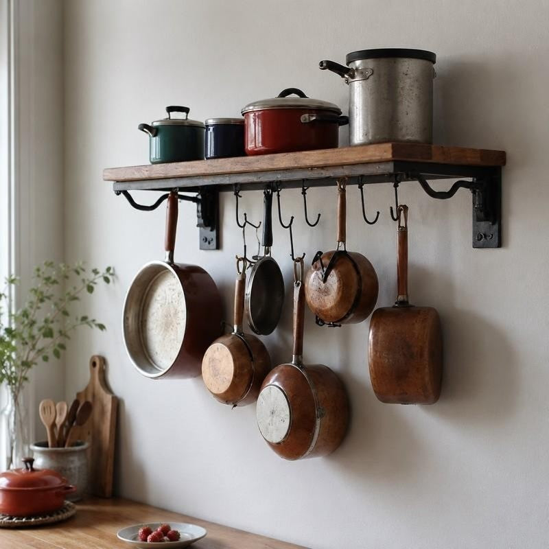 Wall Mounted Pot & Pan Rack with Wooden Shelf – Rustic Kitchen Organizer with Hooks
