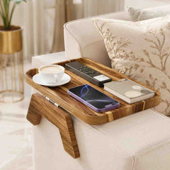Luxury Wooden Sofa Arm Tray – Clip-On Couch Armrest Table for Drinks, Snacks & Remote